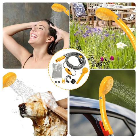 Portable Camping Shower Kit With 12V Pump Steady Water Flow ABS Body used in garden, shower, dog wash, and car setup scenarios.