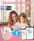 Super Slick Mini Sticker Printer And Quick Photo Maker, showing Bluetooth connection with a woman and child using it.