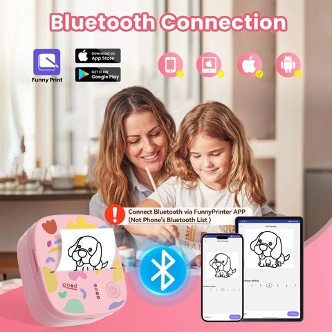 Super Slick Mini Sticker Printer And Quick Photo Maker, showing Bluetooth connection with a woman and child using it.