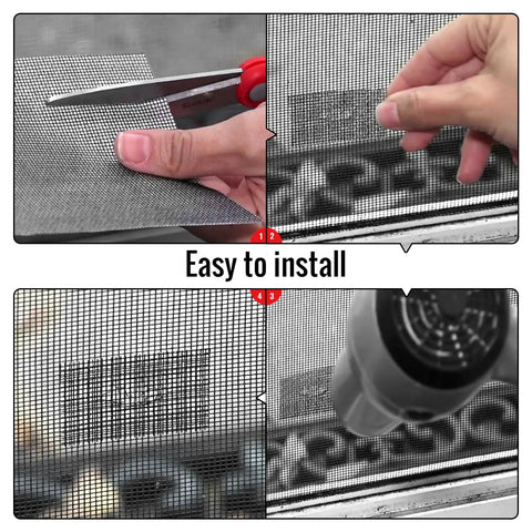 Steps showing use of Window Screen Patch Kit With 10 4X4 Black Patches Self Adhesive 3 Layer Mesh Tape for screen repair