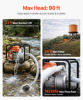 Heavy Duty Gas Powered Water Pump 2 Inch 142 GPM 7HP Portable Semi Trash Pump with clear water flow from hose.