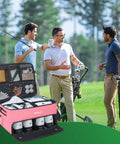 Three golfers with a pink Two Layer Golf Trunk Organizer with Separate Ventilated Shoe Compartment for Two Pairs of Shoes
