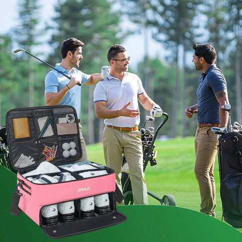 Three golfers with a pink Two Layer Golf Trunk Organizer with Separate Ventilated Shoe Compartment for Two Pairs of Shoes