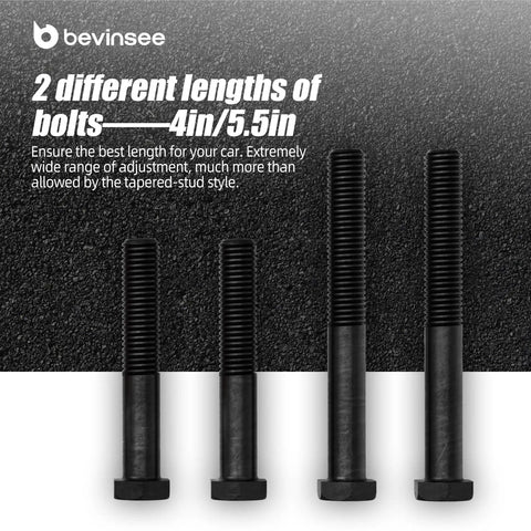 Four black bolts of different lengths, highlighting 4-inch and 5.5-inch size variations for vehicle adjustments.