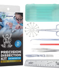 Pro Grade Dissection Kit For Biology Lab 25-Piece Stainless Steel Tools With Extra Blades And T-Pins Sharp Scissors And Scalpel Autoclavable Case In Assorted Colors Perfect For Students And Faculty, with case and tools laid out