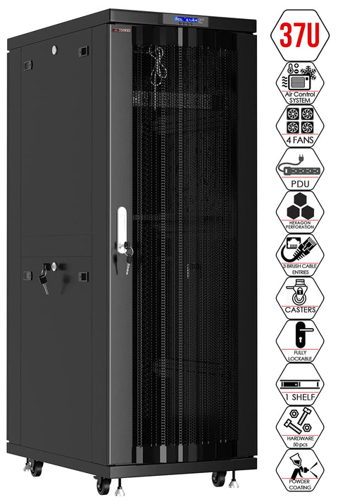 Heavy Duty 37U Server Rack With Smooth Rolling Casters And Lock Down Doors Packs In LCD Monitor Mount and quad cooling fans.