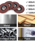 40 Piece Flap Disc Set For Angle Grinder Four And A Half Inch By Seven Eighths Inch Arbor Type 27 Aluminum Oxide Sanding Discs 40 60 80 120 Grit displayed with metal, wood, stainless steel, and paint applications.