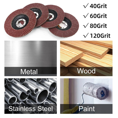 40 Piece Flap Disc Set For Angle Grinder Four And A Half Inch By Seven Eighths Inch Arbor Type 27 Aluminum Oxide Sanding Discs 40 60 80 120 Grit displayed with metal, wood, stainless steel, and paint applications.