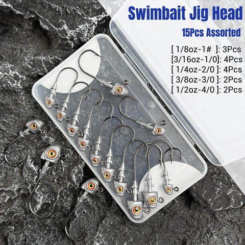 3D Eyes Bass Jig Heads For Fishin And Angling, 15 Pieces Of Finesse Swimbait Jigs With Cone Bait Keeper, assorted sizes in case