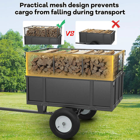 Side view of ATV Dump Cart With 1700 Lb Capacity And 17 Cu Ft Steel Bed, Removable Sides loaded with firewood, mesh design.