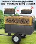 Beefy Steel Utility Trailer For ATVs And UTVs 17 Cu Ft Dump Cart With Removable Sides loaded with firewood on grass