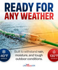 Fifty Foot Tough As Nails Heavy Duty Indoor Outdoor Extension Cord laying on wet surface, showing weather durability, ETL listed.