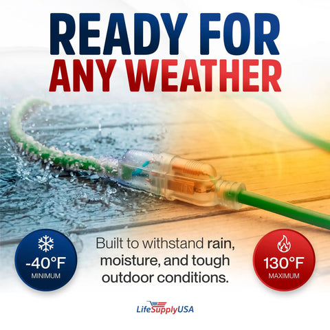 Fifty Foot Tough As Nails Heavy Duty Indoor Outdoor Extension Cord laying on wet surface, showing weather durability, ETL listed.
