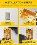 Installation steps for Single Gang Electrical Outlet Box 14 Cu Inch Junction Box Old Work Retrofit Kit in four images.