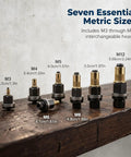 Seven interchangeable heads from M3 to M12 in Full Size Carbon Steel Rivet Nut Tool Kit Featuring Universal Mandrels.