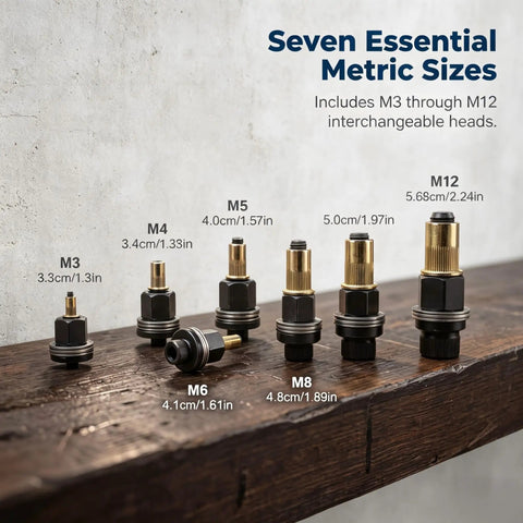 Seven interchangeable heads from M3 to M12 in Full Size Carbon Steel Rivet Nut Tool Kit Featuring Universal Mandrels.