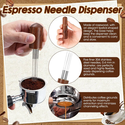Pro Game Changer 7 Piece Espresso Essentials Featuring 53 Mm Tamper Wdt Tool with rosewood espresso needle dispenser.