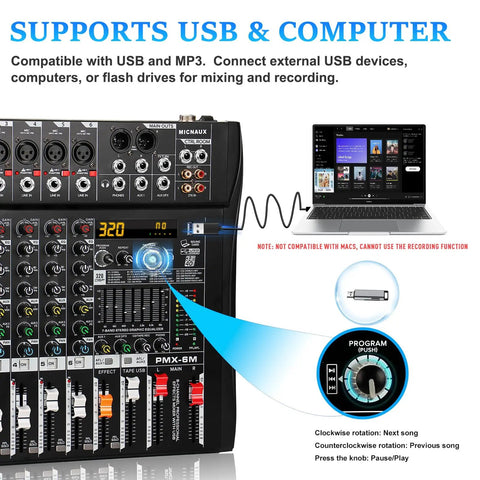 Six Channel Professional Mixer Console With 320 DSP Effects 7 Band EQ Digital DJ Mixer With USB Bluetooth MP3 Recording