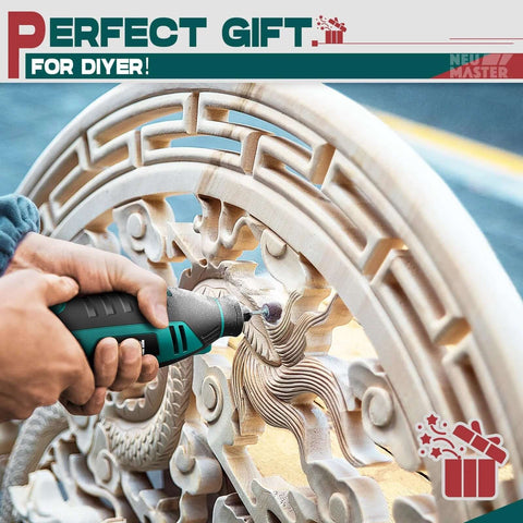 Neu Master 180W rotary tool kit; teal-black corded handheld drill used on a wooden relief sculpture