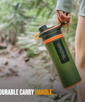 Person holding GeoPress 24 Oz Water Purifier Bottle For Hiking Camping Survival And Travel With Easy Fill Press To Drink Filter