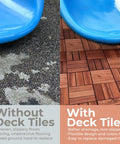 Comparison of playground with and without Hardwood Interlocking Patio Deck Tiles Pack Of 10 12x12 Inch Natural Wood Flooring.