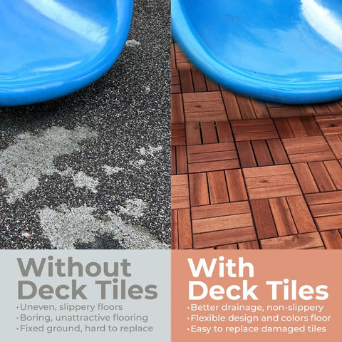 Comparison of playground with and without Hardwood Interlocking Patio Deck Tiles Pack Of 10 12x12 Inch Natural Wood Flooring.