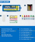 Heavy Duty Six In One Pool Test Kit For Total Chlorine And Bromine Plus Ph Acid And Base Demand Alkalinity With Over 100 Tests No Fuss Quick Readings So You Can Dive Right In, kit contents laid out with reagents and guide.
