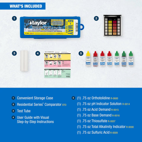 Heavy Duty Six In One Pool Test Kit For Total Chlorine And Bromine Plus Ph Acid And Base Demand Alkalinity With Over 100 Tests No Fuss Quick Readings So You Can Dive Right In, kit contents laid out with reagents and guide.