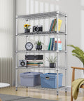 Five Tier Heavy Duty Wire Shelving Unit Adjustable Metal Storage Rack with books, plants, and storage bins in a home office.