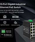 10-Port Gigabit Industrial Ethernet PoE Switch, 8-Port 802.3at PoE, 2-Port Uplink, 240W PoE budget, features highlighted in graphic.