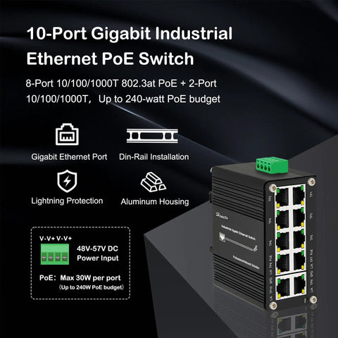 10-Port Gigabit Industrial Ethernet PoE Switch, 8-Port 802.3at PoE, 2-Port Uplink, 240W PoE budget, features highlighted in graphic.