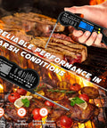 Fast Digital Meat Thermometer with backlight in use for grilling, displaying temperature on BBQ steak, highlighting features.