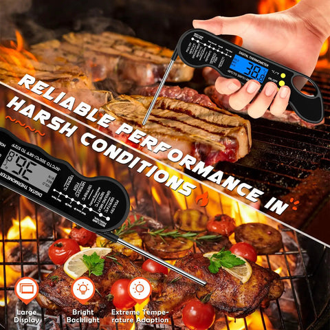 Fast Digital Meat Thermometer with backlight in use for grilling, displaying temperature on BBQ steak, highlighting features.