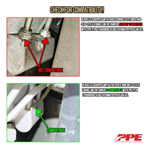 Comparison of compatible and non-compatible fittings for Automatic Transmission Fluid Thermal Bypass Valve GM 6L80 125068000