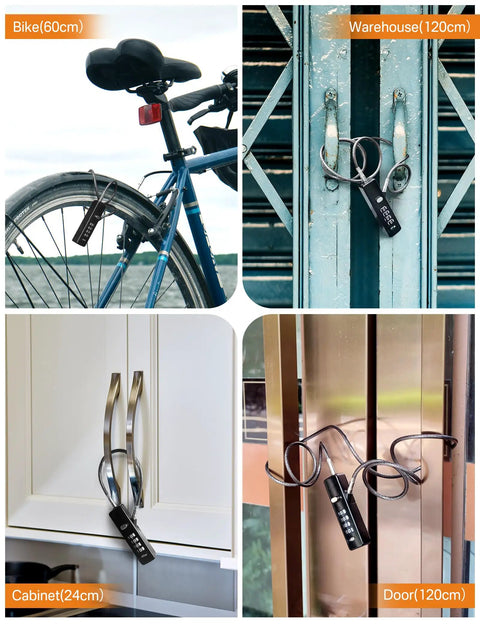 4 Digit Combination Cable Lock Set With 3 Replaceable Steel Cables used on bike, gate, cabinet, and door in various settings