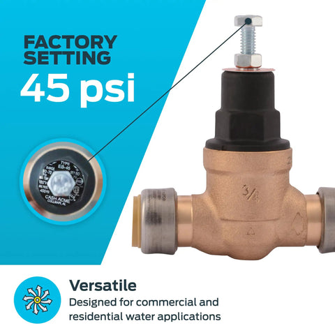 SharkBite Three Quarter Inch Push To Connect Pressure Regulating Valve Direct Mount 45 PSI Poly Top For Home Plumbing