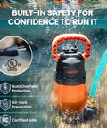 Heavy Duty Submersible Water Pump 8160 LPH with Copper Motor submerged in water, showing safety certifications and plug detail.