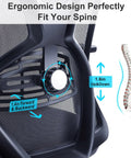 Adjustable lumbar support on ergonomic mesh office chair with visual of spine alignment features, ideal for long desk hours.