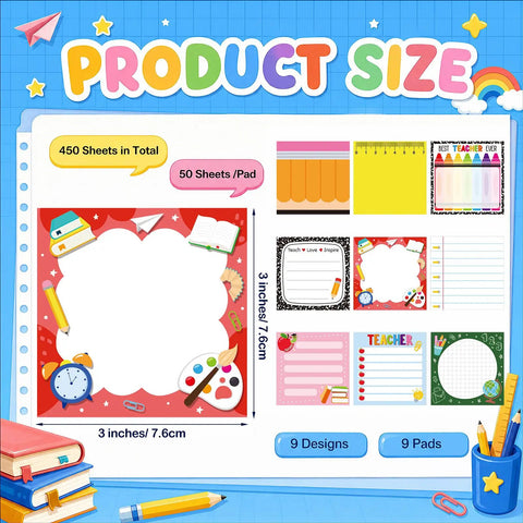 Back To School Sticky Notes Set Of Nine Pads Fifty Sheets Each Cute Teacher Notepads showcasing design variations and size.