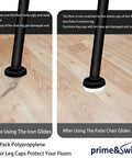 Heavy Duty Clear Wrought Iron Patio Furniture Foot Glides Caps 1.5 Inch Non Slip Table Leg Covers 24 Pack showing before and after use on floors.