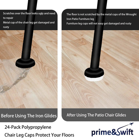 Heavy Duty Clear Wrought Iron Patio Furniture Foot Glides Caps 1.5 Inch Non Slip Table Leg Covers 24 Pack showing before and after use on floors.