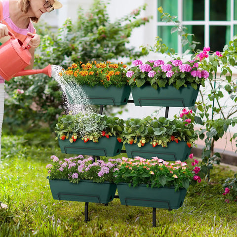 Two Column Vertical Raised Garden Bed With Six Planter Boxes, Heavy Duty Tiered Outdoor Indoor Garden Bed With Drainage Holes And Removable Trays For Flowers Vegetables And Herbs, Sturdy Green