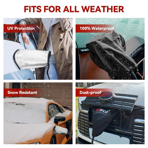 All Weather EV Charger Cover Outdoor Double Sided Shield with Magnetic Fasteners and Suction Cups Waterproof UV Resistant shown on vehicles.