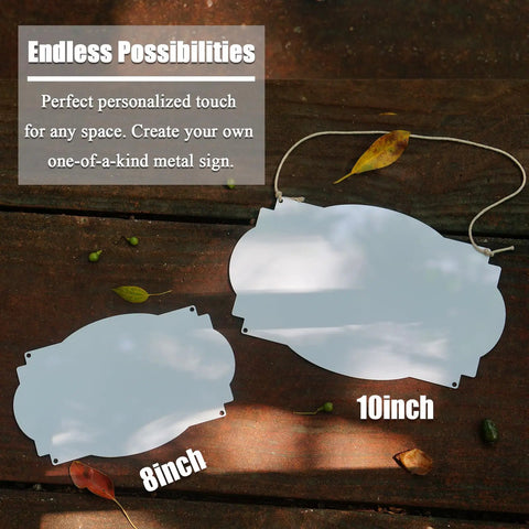 Six Pack 8 Inch Sublimation Metal Sign Blanks For Door Hangers And Address Plaques shown with leaves on wood surface