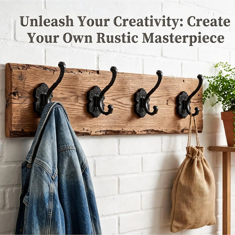 Solid Build Vintage Black Wall Hooks Heavy Duty Coat And Towel Rack Four Pack mounted on rustic wood with a denim jacket and bag.
