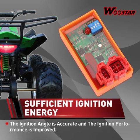 6 Pin AC CDI Box Replacement For GY6 Scooters ATVs Go Karts Moped shown next to ATV, easy plug and play ignition upgrade.