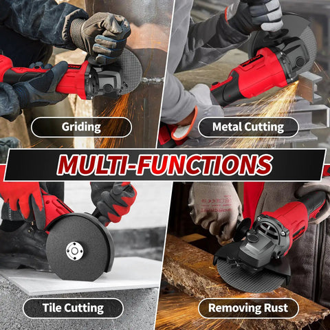 Cordless Beast Four And A Half Inch Angle Grinder With Brushless Motor, 12000 RPM, shown cutting and polishing metal, red.
