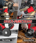 4-1/2 Inch Cordless Angle Grinder With Brushless Motor used for grinding, metal cutting, tile cutting, and rust removal.