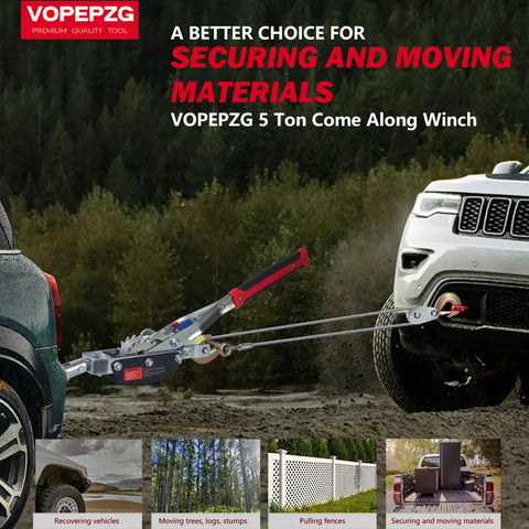 Heavy Duty 5 Ton Come Along Winch, 11.5 Ft Steel Cable with dual gears, pulling a vehicle out of mud.