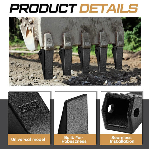 Ten Pack 230SP Backhoe Skid Bucket Teeth With Pins For Mini Excavators Replacement Kit Fits Case Deere And More Durable Heavy Duty Excavator Tooth Set Ready To Install shown installed on bucket close-up side view